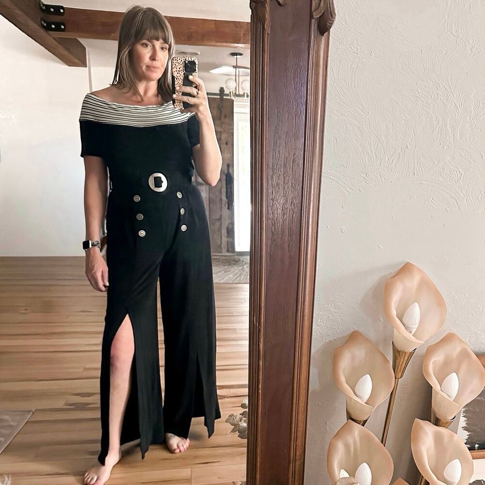 Vintage 90s Cache black‎ slinky sailor nautical jumpsuit size 10 wide slit leg